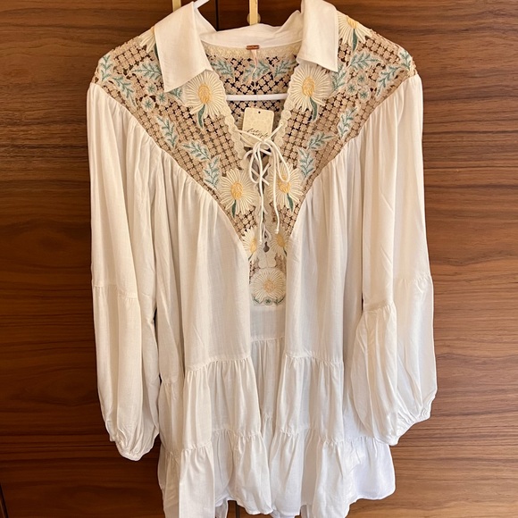 NWT Free People Chain Of Daisies Embroidered Ruffle Dress Tunic / Ivory Combo - Picture 5 of 13